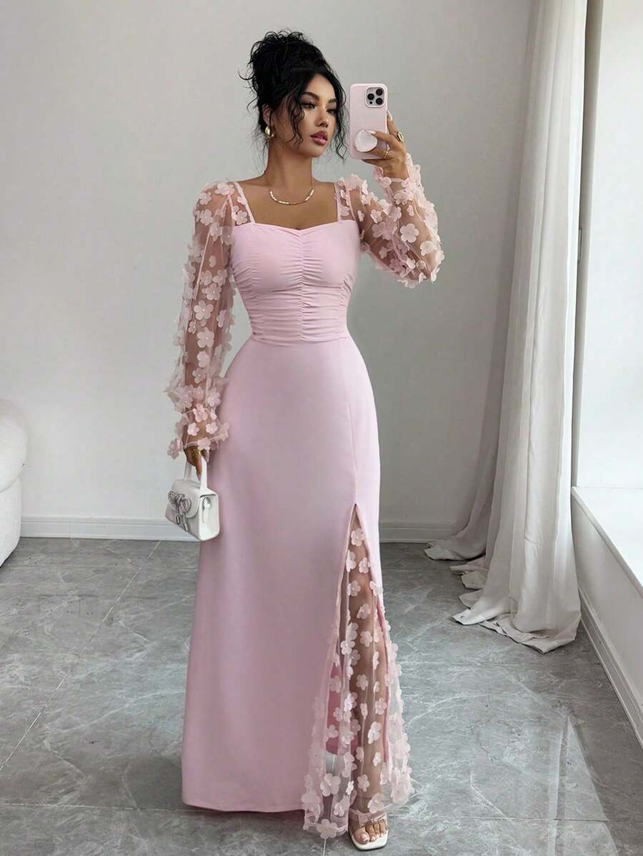 Elegant Long Sleeve Cinched Dress - Women's Floral Applique Design For Valentine's Day & Party - 粉色 - 查看 1
