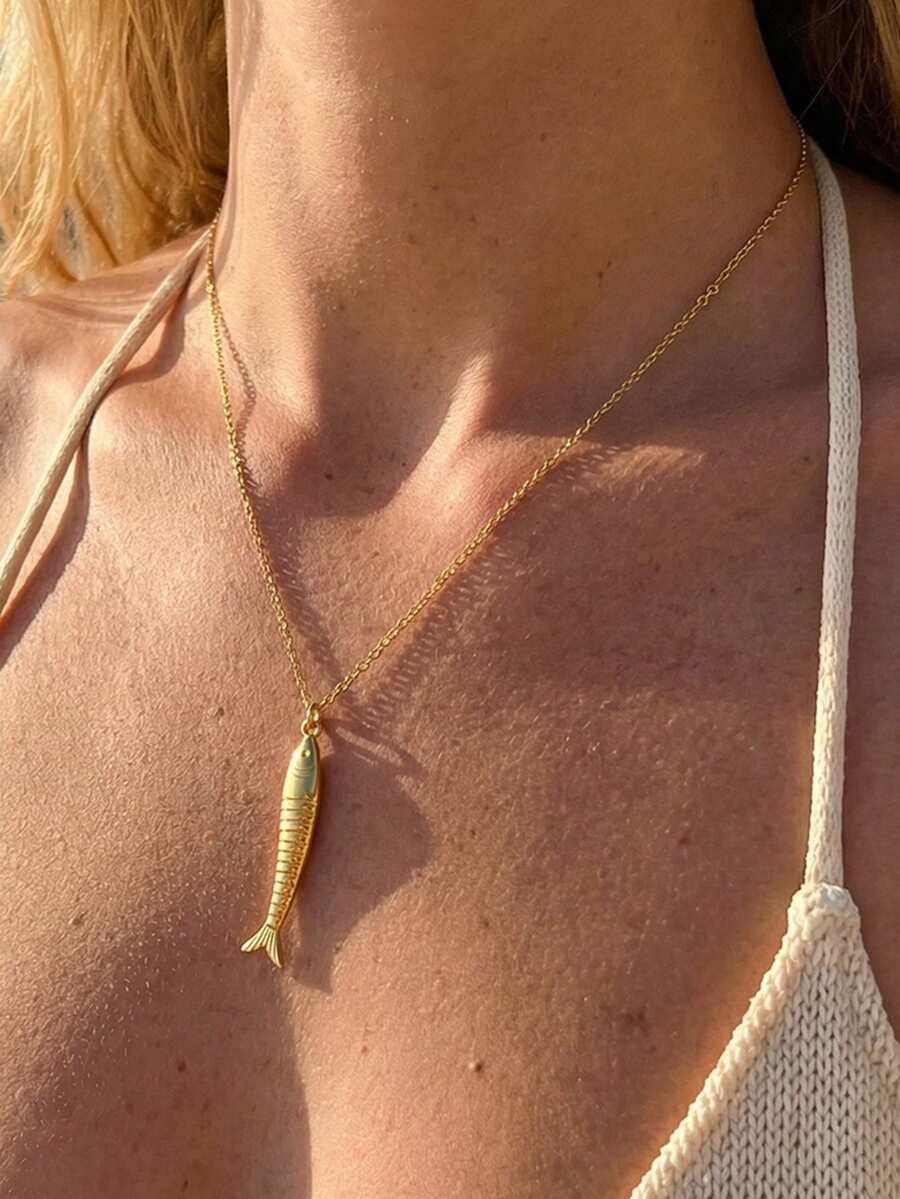 1件装不锈钢防水链海洋生物项链，百搭长款鱼形吊坠项链，金色项链，女士款 - Necklace - 查看 1