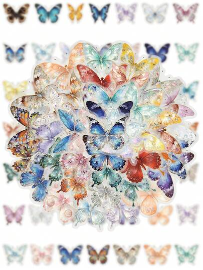 50PCS Hot Foil Stamping Series Stickers Gemstone Butterfly Transparent PET Decals Colorful Waterproof Stickers For Laptop, Stationery, Luggage Scrapbooking, Water Bottles Gifts For Party Decorations