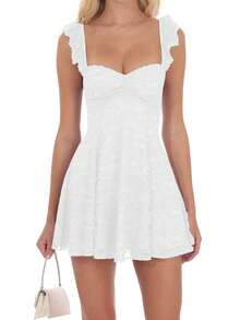 Women's Lace A-Line Mini Dress - Ruffle Strap Backless Lace-Up Sweetheart Neck Casual Party Dress For Summer - 白色 - 查看 3