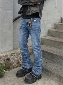 Men's Denim Jeans Flared Leg Jeans, Slim Fit Distressed Flare Leg Jeans, Y2K Stacked Jeans, Versatile Washed Embroidered Jeans For All Seasons - Blue - View 2
