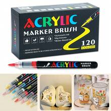 168/120/80/60色丙烯马克笔，软头彩色笔，学生美术用品，学生艺术专业绘画、岩石画、木头、石头、玻璃、陶瓷、织物绘画、DIY工艺品、返校季、圣诞礼物，12/24/36/48支装 - 黑色 - 查看 2