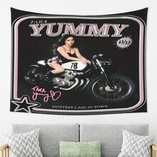 1pc Tara Yummy" Vintage Motorcycle Tapestry - Stylish Wall Hanging With Retro Pin-Up Art, Pink & Black Design, Perfect For Living Room, Bedroom, Office Decor | Cozy Polyester Fabric, Horizontal Orientation, No Power Neede - Multicolor - View 1