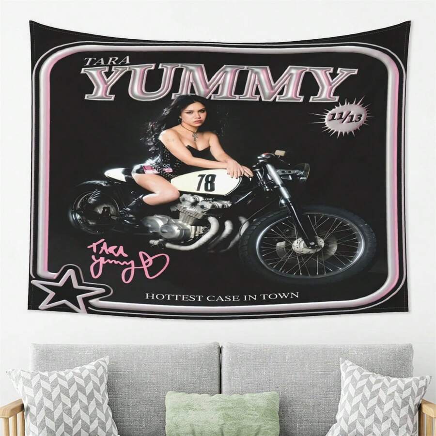 1pc Tara Yummy" Vintage Motorcycle Tapestry - Stylish Wall Hanging With Retro Pin-Up Art, Pink & Black Design, Perfect For Living Room, Bedroom, Office Decor | Cozy Polyester Fabric, Horizontal Orientation, No Power Neede - Multicolor - View 1