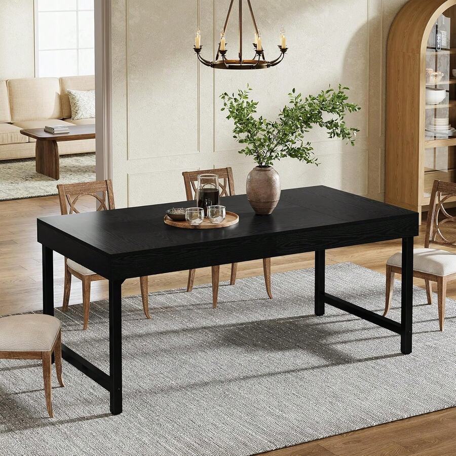 LITTLE TREE 55 Inch Farmhouse Industrial Dining Table, Rectangular Kitchen Table For 4-6 People With Heavy-Duty Metal Legs, Rustic Brown - Black - View 1