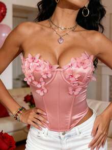 Women's Satin Bow Tie Sexy Sweetheart Bralette, Suitable For Valentine's Day Party And Nightwear - Pink - View 5