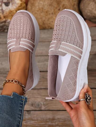 女士纯色条纹水钻装饰坡跟运动鞋，优雅简约休闲鞋，适合日常穿着、户外漫步、社区购物、周末郊游，春秋季节皆宜。