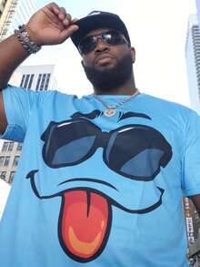 Plus Size Men Casual Short Sleeve T-Shirt With Funny Cartoon Face Graphic, Breathable And Fashion - Multicolor - View 4