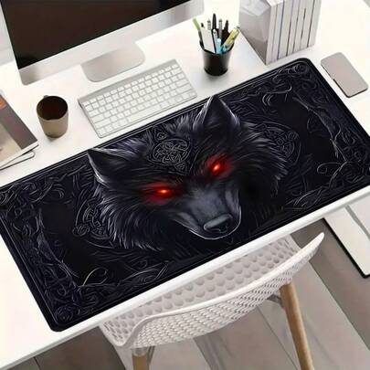 Tappetino per mouse con disegno di lupo misterioso, tappetino da scrivania esteso cool in nero, base in gomma antiscivolo, bordo rinforzato, grande tappetino da scrivania XL 35,4x15,7 pollici, adatto per casa, ufficio e giocatori