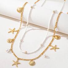 2 piezas Cadena para la cintura con cuentas con diseño de conchas y estrellas de mar de la serie Océano - Dorado - Ver 2