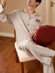 Gongdie Set de 2 piezas Pijamas de pareja Winnie the Pooh Disney 2026 Primavera, Conjunto de ropa de casa suave y transpirable de manga larga para hombre - Albaricoque - Ver 5