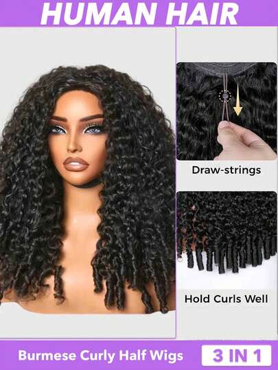 3-In-1 Clip-On Half Wig For Women | Burmese Curly Human Hair, 150% 200% Density, With Drawstring Closure, No Glue/Lace Front, Compatible For Dreadlock & Braids, Curly Wave & Spiral End For Volume, Half Wigs With Drawstring For Wear, Suitable For Skin Tones & Hair Loss (Partial Hair Attachment) For Women18 20 22 24 Inch Natural Black
