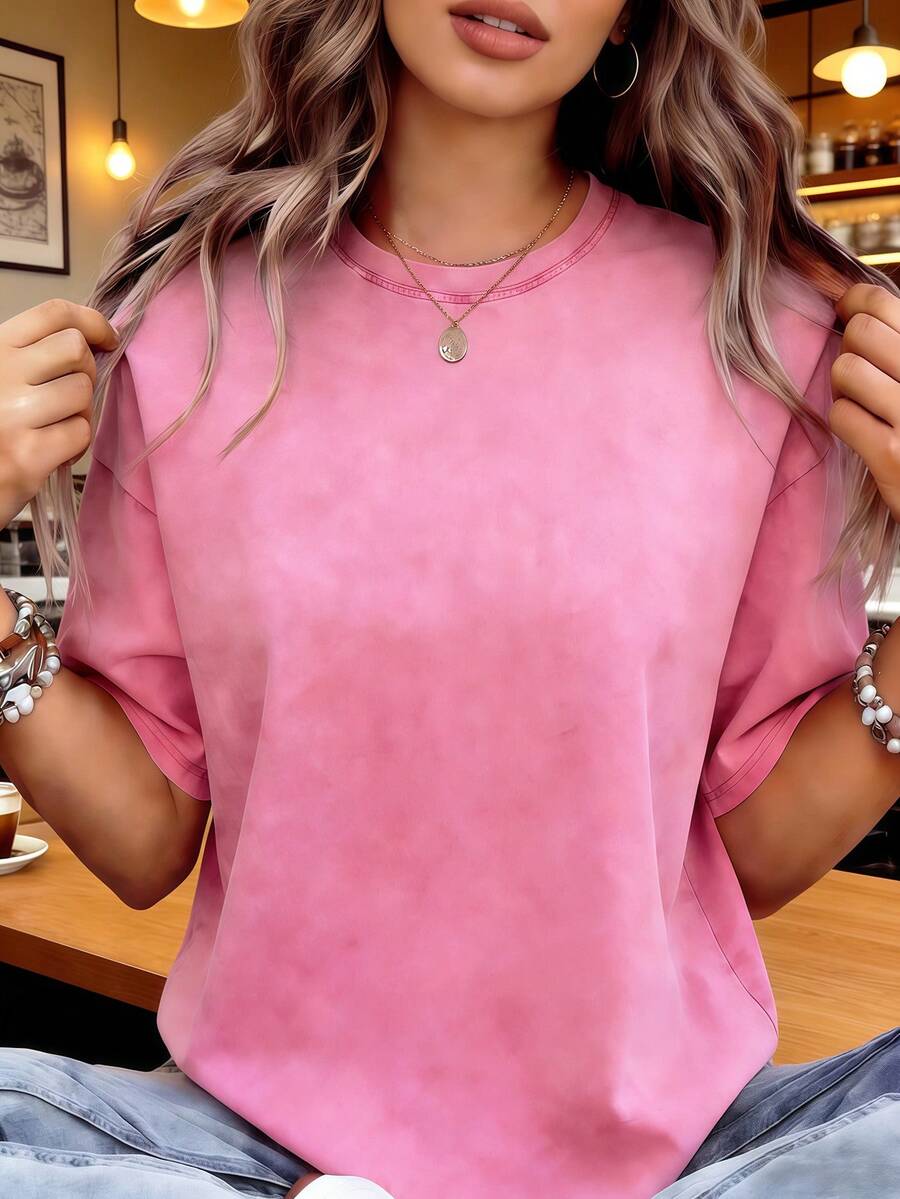 The Clothing Size Is Slightly Larger, And It Is Recommended To Reduce Two Sizes Based On Daily Wear. New Heavy Cotton T-Shirt, American Retro Vintage Washed Distressed Charcoal Solid Color Crew Neck Top, Lazy Oversize Unisex Style Clothing - 玫瑰紅 - 查看 1