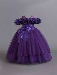 Vestido de fiesta de tul con aplicaciones de lentejuelas y perlas falsas para niñas preadolescentes, adecuado para celebraciones de cumpleaños, bailes de graduación, decoración de perlas falsas, sin diadema incluida - Morado - Ver 2