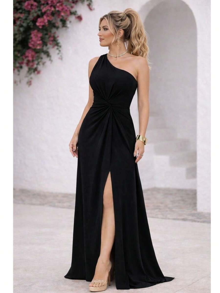 Bridesmaid Dress Guests Promotion Knot Olive Green Fuchsia Black Lilac Terracotta Emerald Royal Red Marsala Navy Without Shine - màu đen - Xem 1