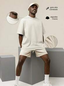 Oversized T-Shirt, High Neck, Streetwear, 100% Cotton, Urban Style, Casual Workout, Black, Off-White And Brown, Printed, Large Fit - 奶油色 - 查看 4