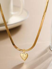 1pc Girl's Pendant Necklace, Minimalist Layered Design, Stainless Steel Flat Chain With Cubic Zirconia Heart Pendant, Versatile Daily Wear & Gift Accessory - Yellow Gold - View 1