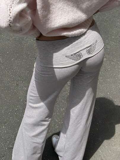 阳光少女风夏季Y2K纯色直筒针织裤，可折叠腰身，后腰饰有亮片图案，休闲居家街头通勤裤，春季必备