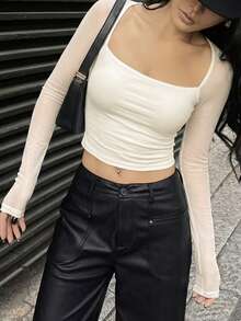 网纱拼接方领修身长袖U领短款弹力针织纯黑色上衣 - 酷女孩风格，适合酒吧约会、街头时尚、春秋季休闲外出 - 米色 - 查看 3