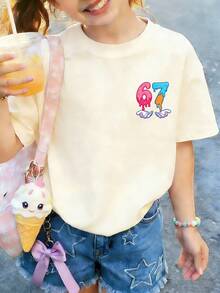 Tween Girl "67" Ice Cream Cartoon Print T-Shirt, Fashionable Summer Top For Girls - Apricot - View 3