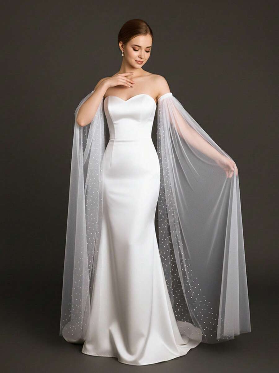 2pcs White Pearl Beaded Sleeve Cuffs, Floor Length Faux Pearl Bridal Gloves, Suitable For Wedding, Wedding Photography, Beach Vacation, Party Dress Accessories - 彩色 - 查看 1