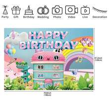Ideal For Birthday Party Decorations And Suitable For Both Indoor A 2D Flat Backdrop Featuring A Cartoon Dollhouse Theme Made Of Polyester Fabric, Showcasing A Whimsical Tale Design With Pink And Blue Houses, Clouds, Butterflies, And Musical Notes - Multicolor - View 12