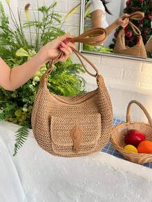 这款手工编织草编斜挎包时尚百搭，休闲简约，是一款女士斜挎/单肩包。它采用拉链封口，非常适合夏季度假，并配有可调节肩带。这款包可以装下手机、钱包、口红等物品，适合海滩度假、通勤、野餐、购物、约会、海滩休闲以及日常使用。 - 卡其色 - 查看 7