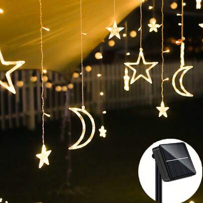 أضواء ستارة القمر والنجوم الشمسية، مناسبة جدًا لشهر رمضان والأعراس وعيد الهالوين وعيد الميلاد وعيد الحب. مناسبة لديكور غرفة النوم والصالة والحديقة والشرفة والخيمة.