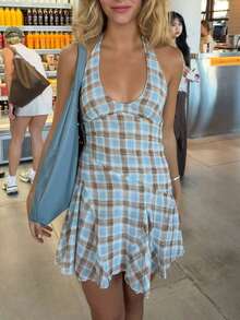 Đầm kẻ caro hở lưng xếp ly thời trang, thanh lịch, kiểu dáng mới về, thích hợp cho kỳ nghỉ, đi biển, tiệc sinh nhật, chụp ảnh, hẹn hò, mọi mùa hè. - Màu xanh nhạt - Xem 4