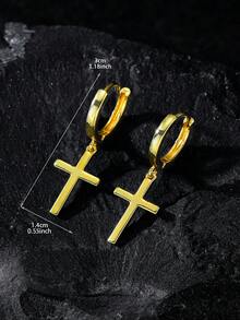 1 Pair Unisex Street Style Cross Pendant Earrings, Minimalist Smooth Surface, Fashion Double Circle Luxury Zirconia Cross Drop Earrings, Unisex Hiphop Versatile Earrings Suitable For Religious, Party, Festival And Daily Wear - Multicolor - View 6