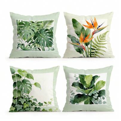 4pcs Bohemian Aqua Green Watercolor Greenery Print Pillow Covers, Single-Sided Printed Cushion Covers, Suitable For Living Room Bedroom Home Decor, All Season