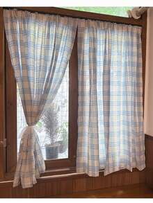 1件法式乡村风格格子窗帘，简约装饰隔断帘，卧室ins风韩式清新门帘，适合日常装饰和节日使用 - 米底藍格 - 查看 3