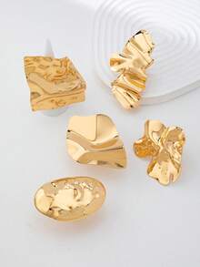 5pcs Oversized Gold Tone Organic Metal Exaggerated Ring Set, Thick Stackable Rings For Women Daily, Date, Party Jewelry - Gold - View 4