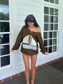 1pcs 3d Pattern Patch Off-Shoulder Long-Sleeved Sweatshirt, Sailboat Pattern, One-Shoulder Pullover, Autumn And Winter New Style, Women's Clothing - 咖啡棕 - 查看 3