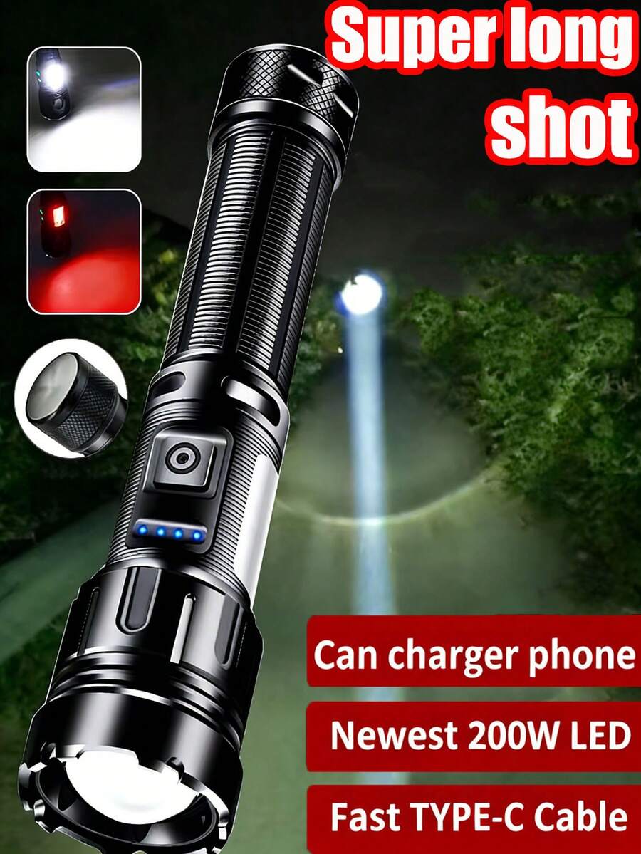 2/1pc Zoom And Extendable Flashlight With Strong Light P50 Lamp Beads, Waterproof, Type-C Charging, Adjustable In 7 Modes, Highly Suitable For Hiking, Camping, Night Patrols, And Emergency Use. - WK-p50 Aluminum Alloy - View 1