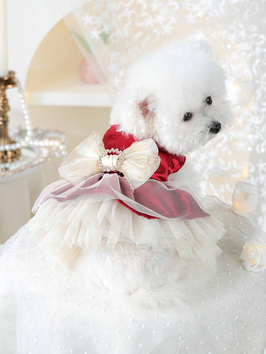 PETCIRCLE 1pc Pet Clothes Small Dog Puppy Pomeranian Teddy Luxury Elegant Multi-Layer Tulle Puff Daisy Princess Dress - Gem Red - Multicolor - View 1