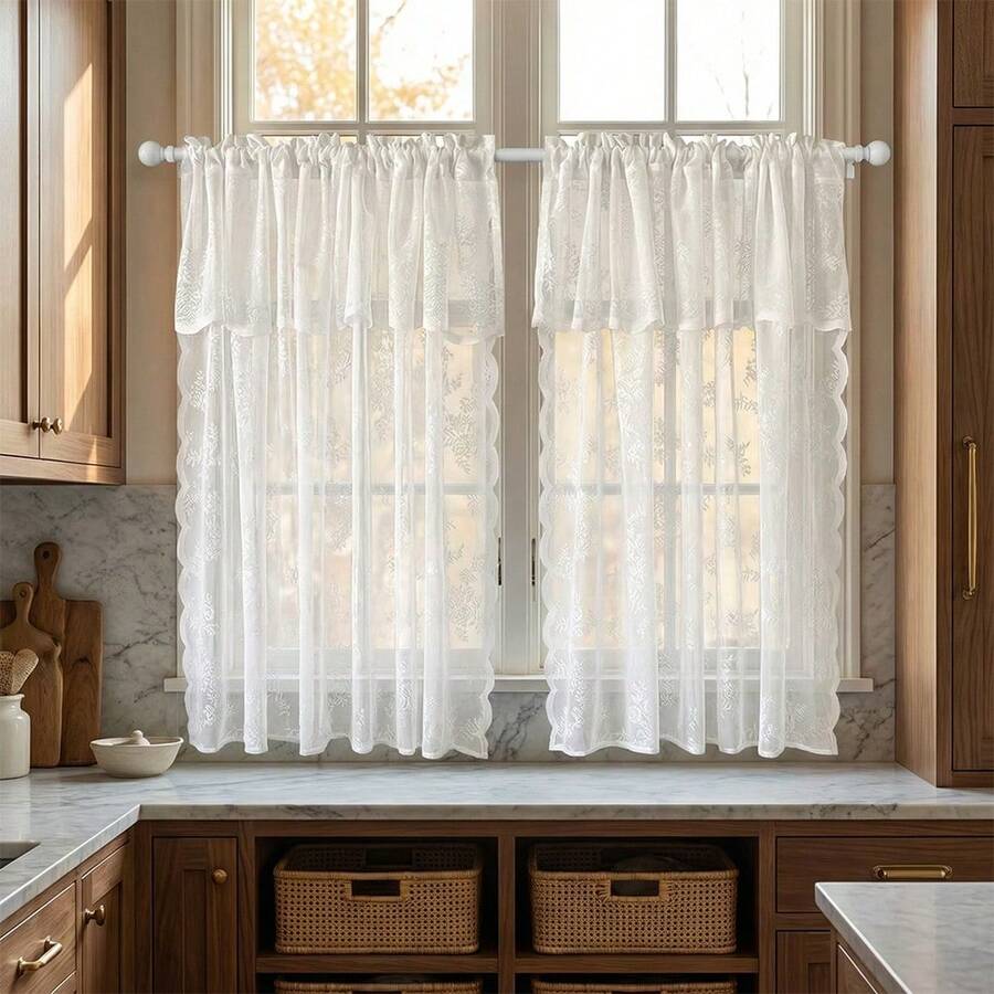 2pcs/Set COSENNATUR French Romantic Floral Lace Sheer Curtains, Double-Layer Curtain Header Design, Rod Pocket Top, Polyester Material, Finely Woven Texture, Lightweight, Washable, Elegant Minimalist Home Window Decor, Suitable For Living Room, Bedroom, Office, Wedding, Party, Date - White - View 1