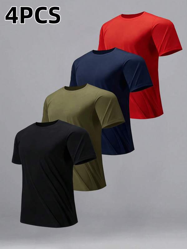 4pcs/Set Men's Solid Color Round Neck Short Sleeve T-Shirts, Lightweight, Breathable And Comfortable Fabric, Versatile For Fitness, Outdoor Activities, Casual Wear, And Layering