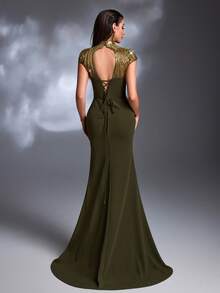 橄榄绿金色羽毛串珠刺绣高领短袖高开衩鱼尾系带奢华复古晚礼服 - 橄欖綠 - 查看 2