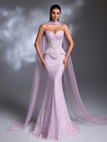 A Lavender Lace Strapless Tulle Shawl Lace-Up Mermaid Train Elegant Retro Evening Gown Party Spring - Mauve Purple - View 4