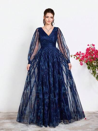 Mgiacy Navy Blue Floral & Striped V-Neck Long Sleeve Maxi Dress, Elegant Women's Summer Gown For Prom, Dinner, Party & Festival Outfits
