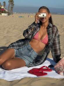 女士长款格子防晒衬衫，适合海滩度假，夏季穿着 - 黑色 - 查看 2