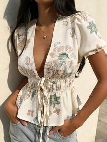 女士夏季度假花卉刺绣前系带纹理衬衫 - 杏色 - 查看 7