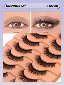 Lasvirey 10对装自然猫眼假睫毛，蓬松轻盈，整条式，短款柔软3D仿貂毛假睫毛，交叉浓密卷翘，打造奢华美睫妆容 - 自然纖長款 - 查看 2