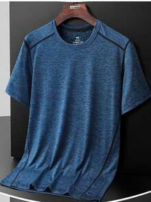 Men's Short Sleeve T-Shirt, Patchwork Stitching Decor Round Neck Top, Outdoor Casual Brand Sports Summer - Blue - View 3