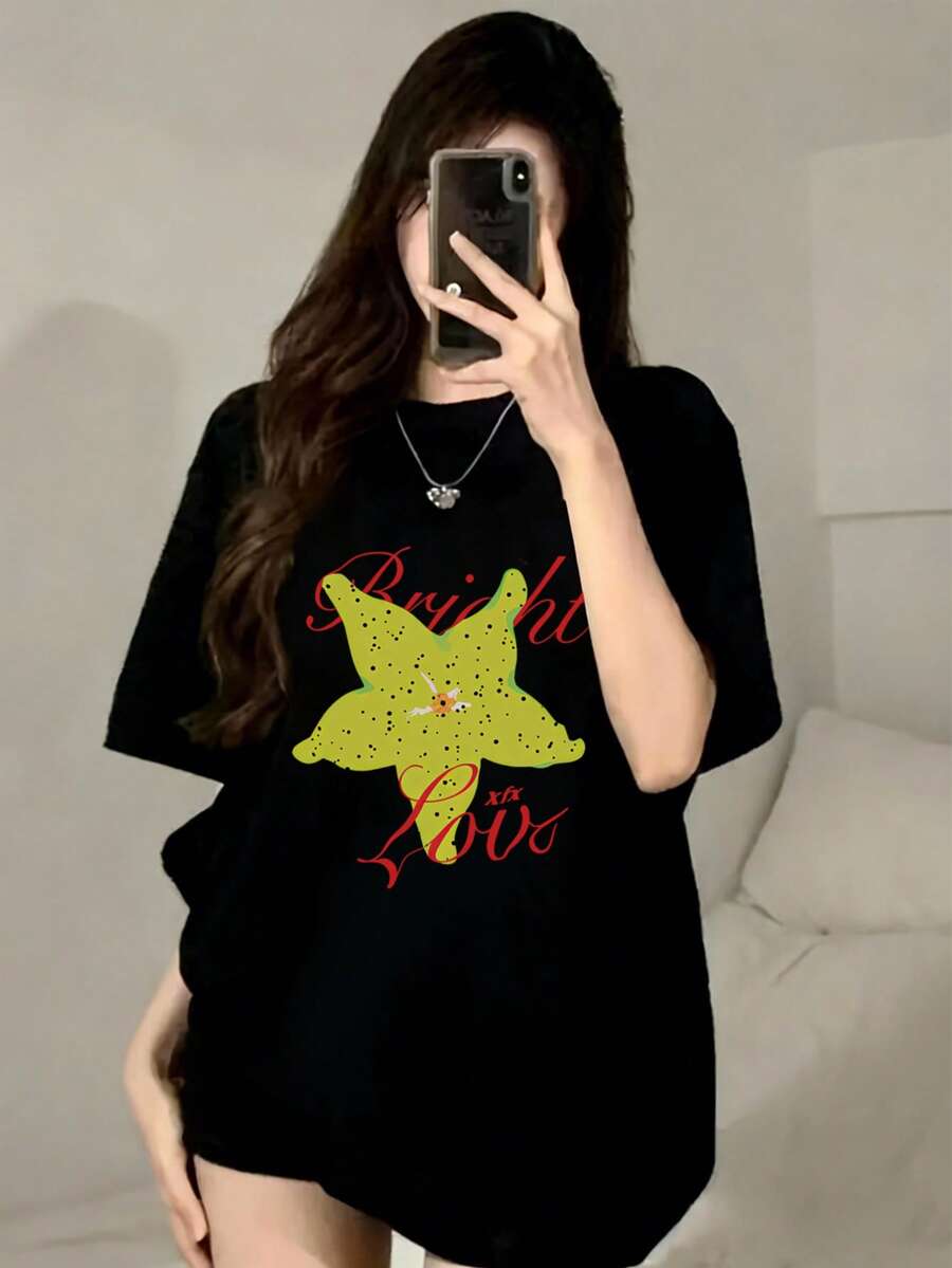女士圆领短袖T恤，夏季新款五角星图案字母印花，时尚休闲百搭宽松上衣 - 黑色 - 查看 1