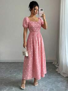 Vestido Longo Estampado Primavera Elegante Forrado com Elastec, Mangas Curtas Bufantes, Moda Primavera Verão - Rosa chiclete - Visão 3