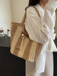 Diese farblich abgesetzte gestreifte handgewebte Strohtasche ist eine stilvolle, vielseitige, einfache und lässige Damenhandtasche. Sie ist eine perfekte Strandtasche für den Urlaub mit Quastenanhänger und Reißverschluss. Geeignet für Strandurlaube, Einkaufen, Strandausflüge, den Alltag, Dates und mehr. - Khaki - Übersicht 3