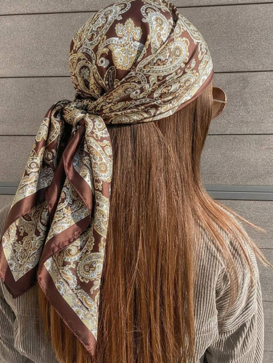 1 chiếc khăn trùm đầu nữ thời trang Xuân/Hè 2026 in họa tiết Paisley, kích thước 90*90cm, kiểu dáng thường ngày, đa năng, phù hợp cho mọi mùa. - cà phê - Xem 1