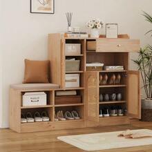Shoe Cabinet With Upholstered Bench, 3 Woven Rattan Doors And 1 Drawer. Multifunctional Storage Unit With Shoe Rack For The Entryway. Wood Effect. Dimensions: 142 Cm (Width) X 35 Cm (Depth) X 110 Cm (Height). - Wood Color - View 2